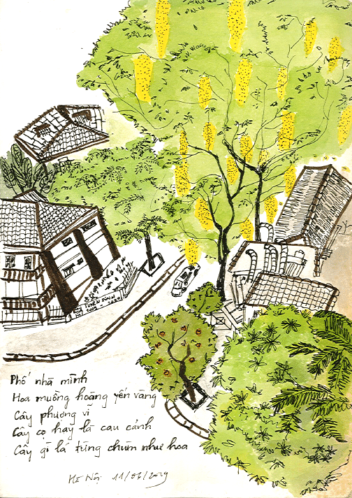 sketch, balcony, view, sapodilla tree, golden shower, palm tree, flamboyant tree, sữa tree 