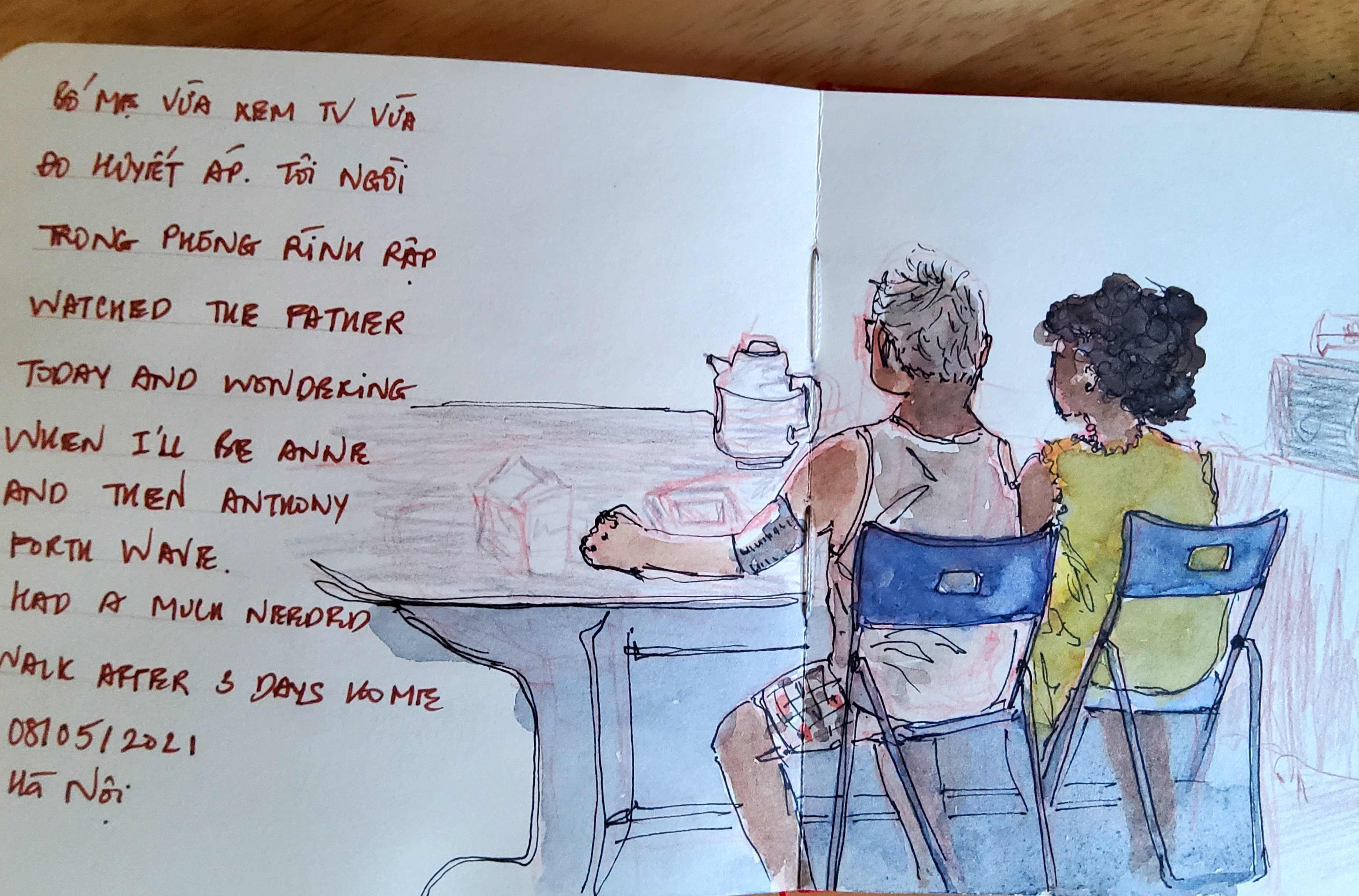 family, parents, watching TV, sketch 