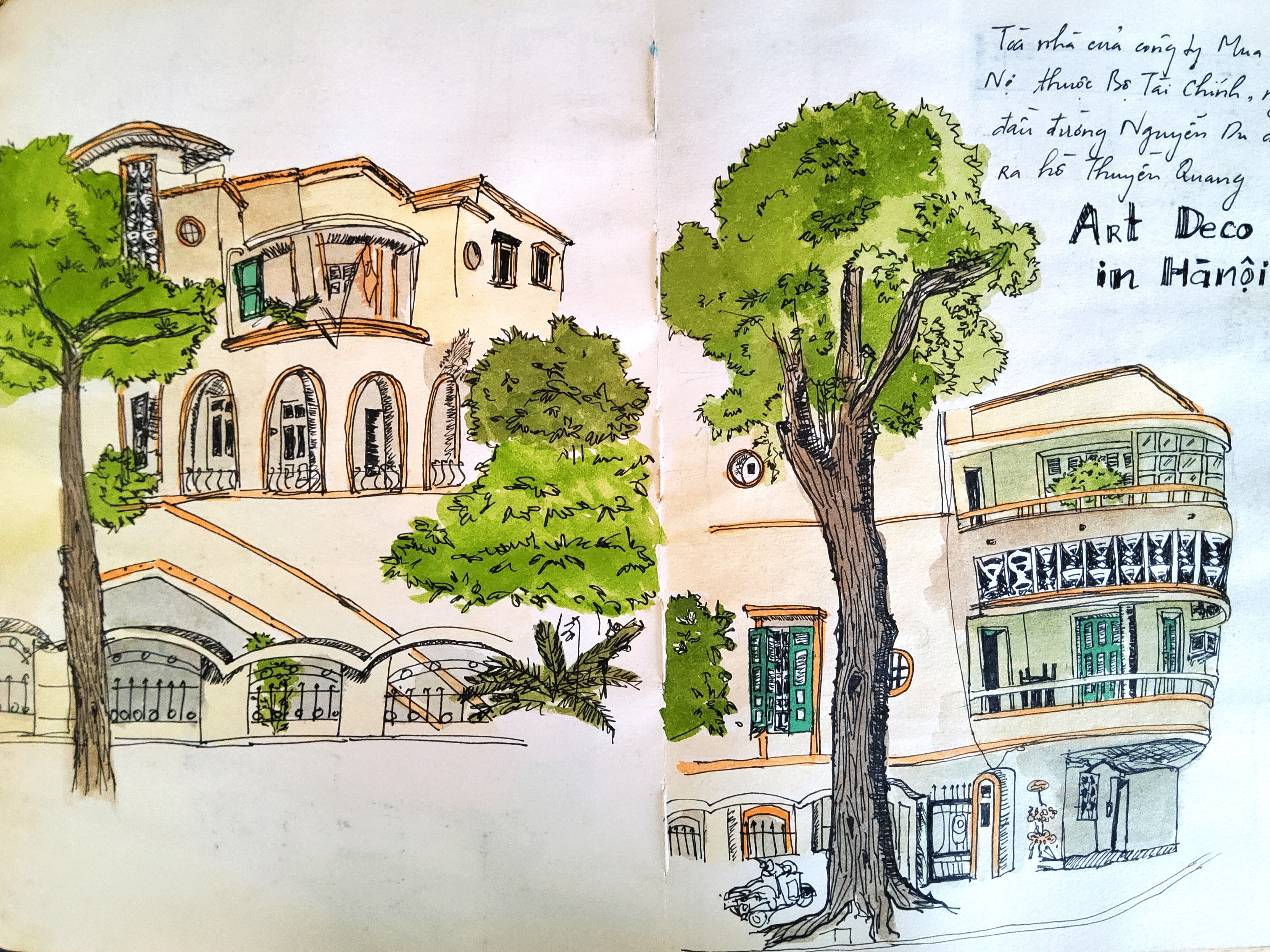 ký hoạ, art deco, nhà của công ty mua bán nợ, kiến trúc Pháp, hàng cây sữa trước cửa